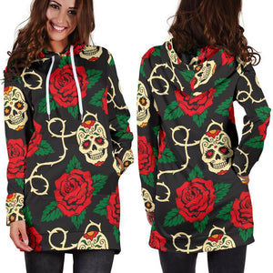 Rose Flower Sugar Skull Pattern Print Hoodie Dress GearFrost
