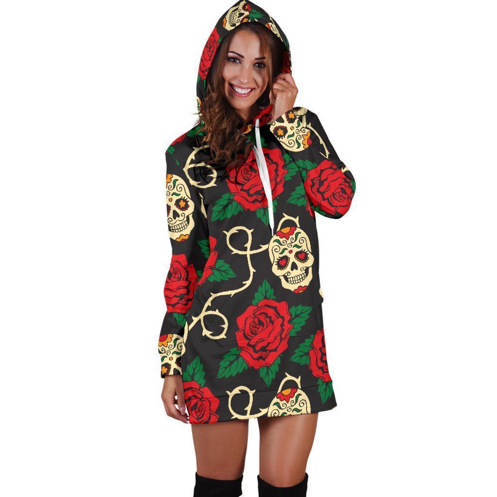 Rose Flower Sugar Skull Pattern Print Hoodie Dress GearFrost
