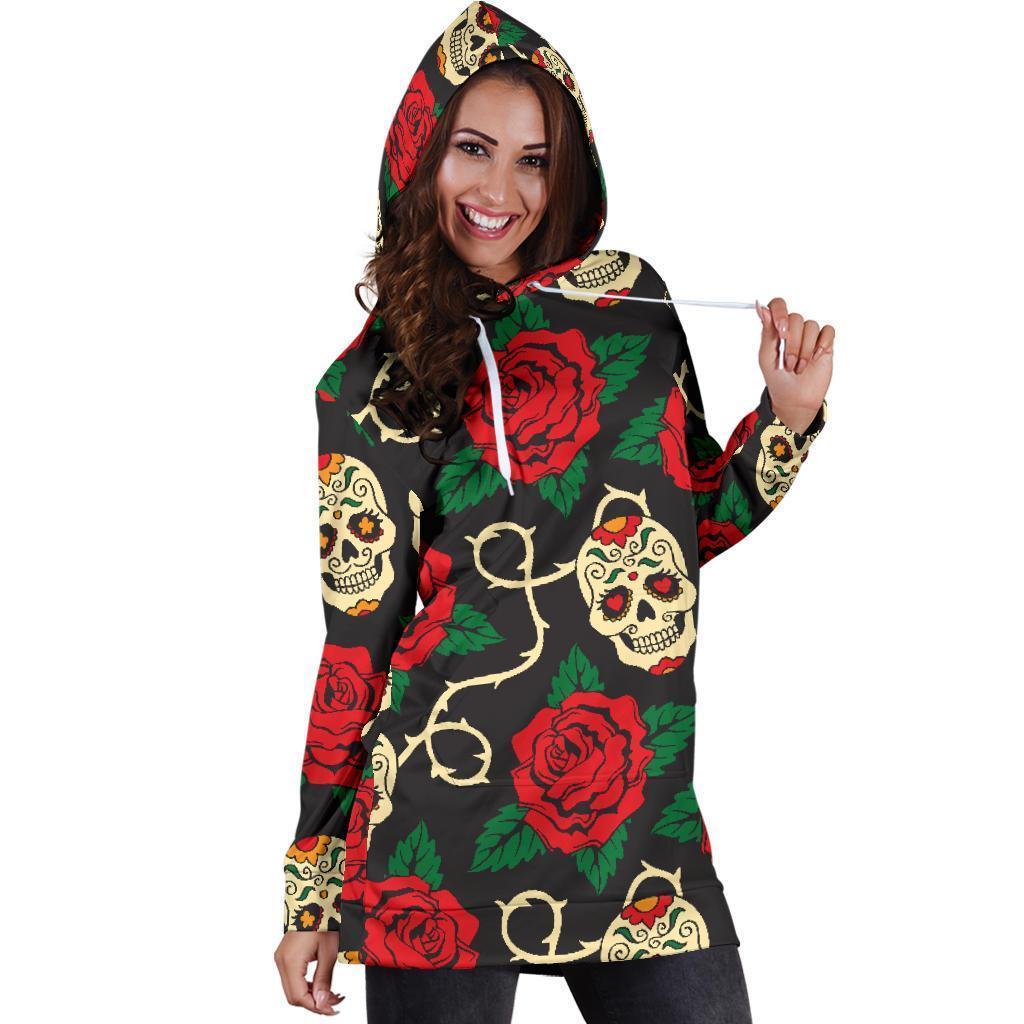 Rose Flower Sugar Skull Pattern Print Hoodie Dress GearFrost