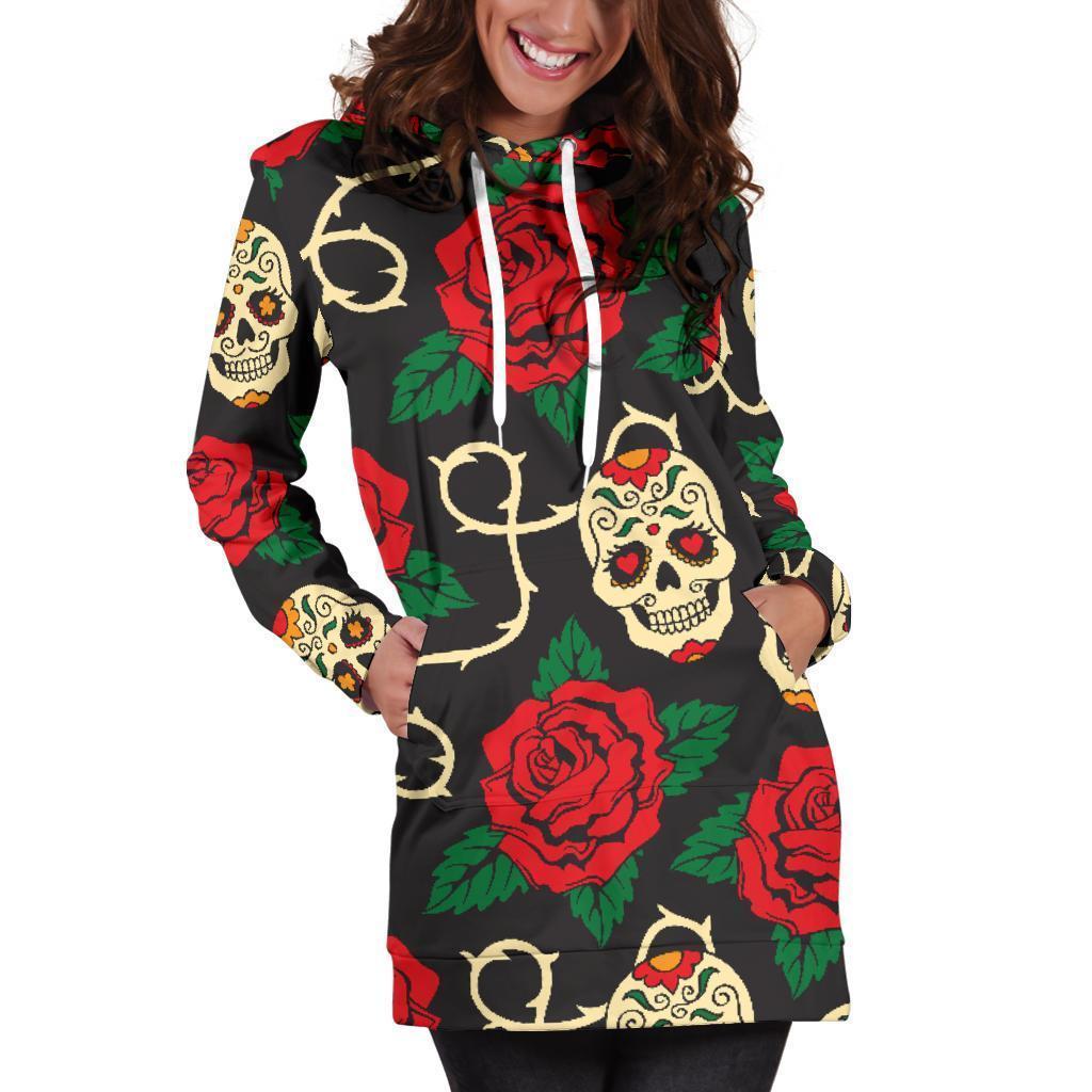 Rose Flower Sugar Skull Pattern Print Hoodie Dress GearFrost
