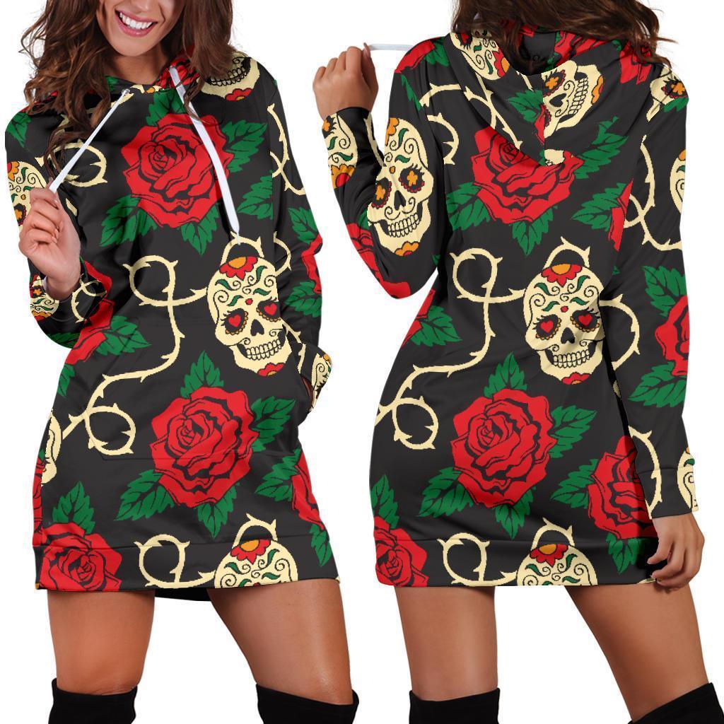 Rose Flower Sugar Skull Pattern Print Hoodie Dress GearFrost