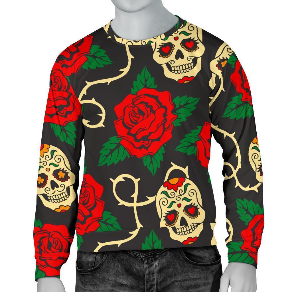 Rose Flower Sugar Skull Pattern Print Men's Crewneck Sweatshirt GearFrost