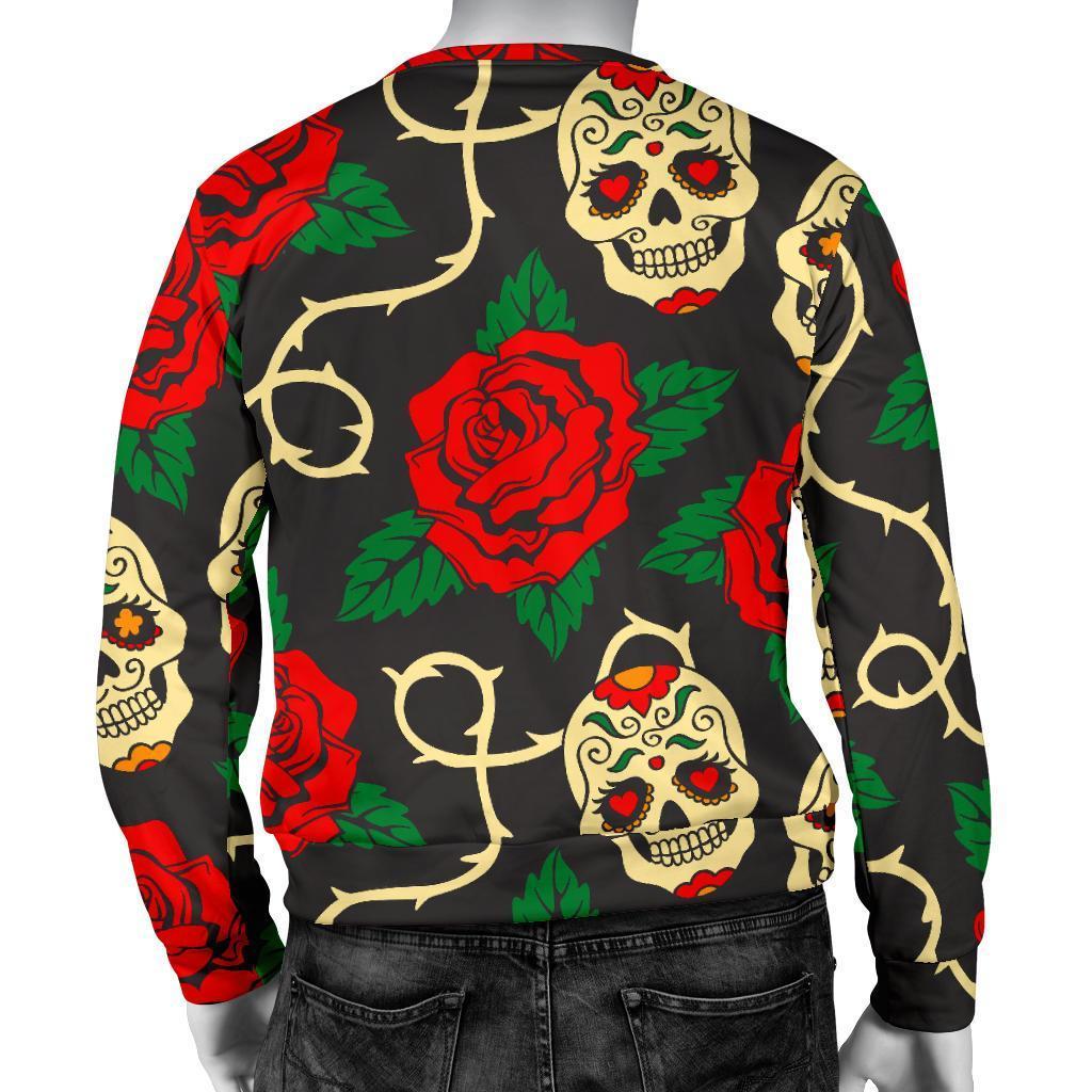 Rose Flower Sugar Skull Pattern Print Men's Crewneck Sweatshirt GearFrost