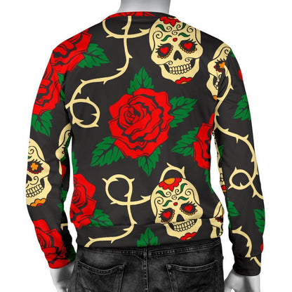 Rose Flower Sugar Skull Pattern Print Men's Crewneck Sweatshirt GearFrost