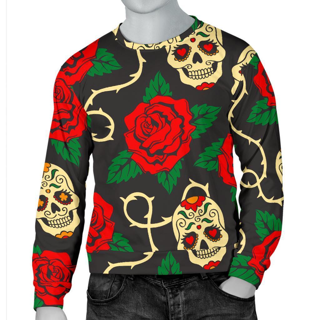 Rose Flower Sugar Skull Pattern Print Men's Crewneck Sweatshirt GearFrost