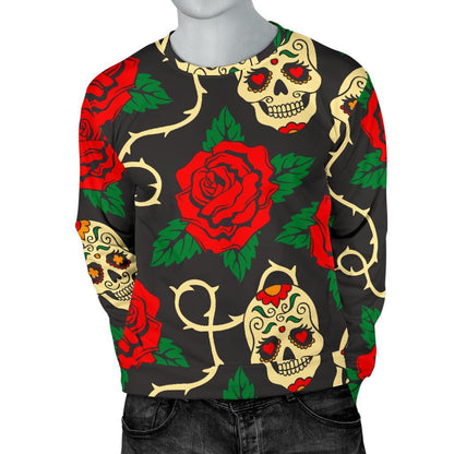 Rose Flower Sugar Skull Pattern Print Men's Crewneck Sweatshirt GearFrost