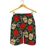 Rose Flower Sugar Skull Pattern Print Men's Shorts