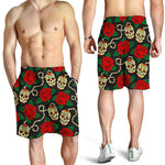 Rose Flower Sugar Skull Pattern Print Men's Shorts