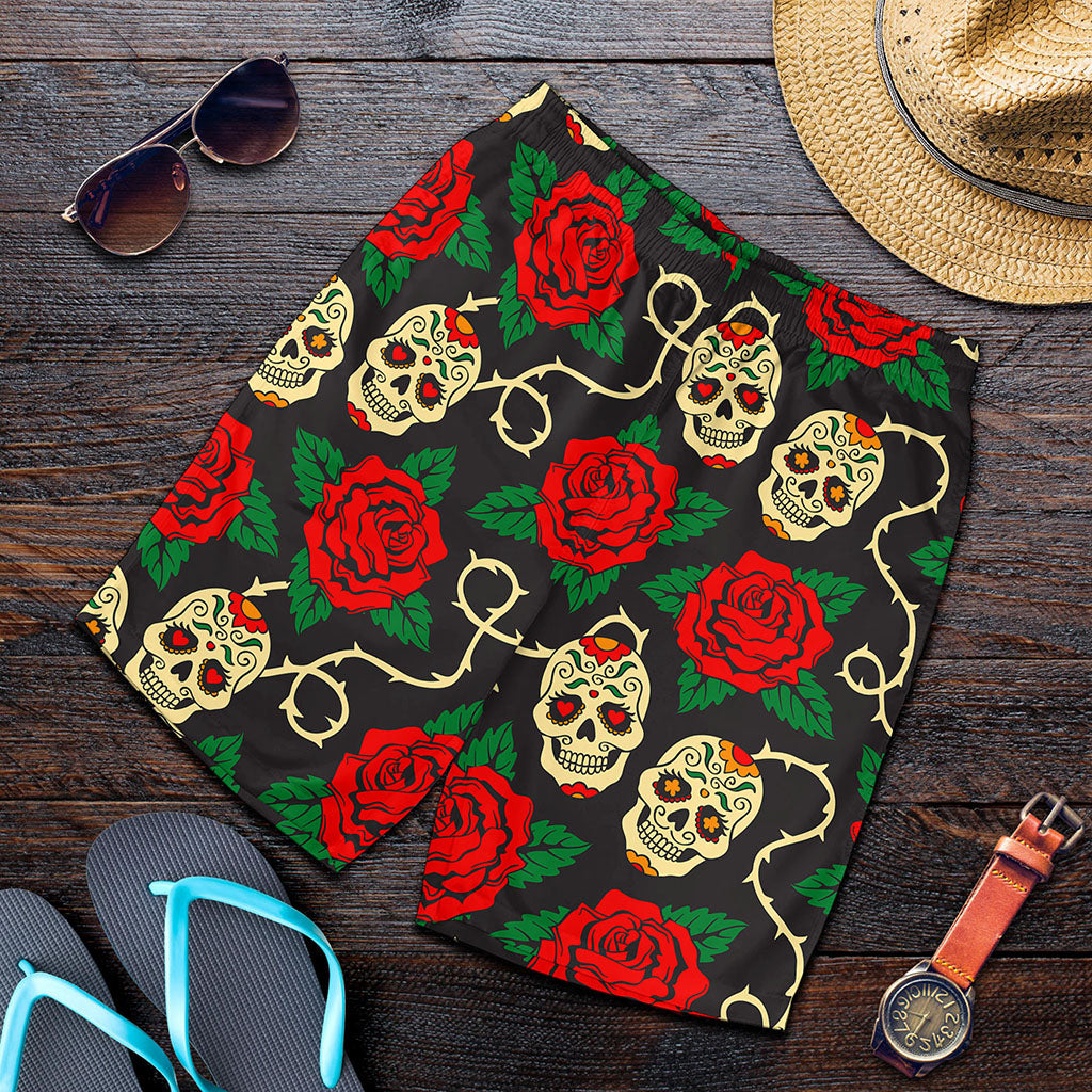 Rose Flower Sugar Skull Pattern Print Men's Shorts