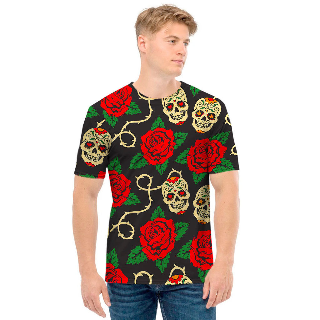 Rose Flower Sugar Skull Pattern Print Men's T-Shirt