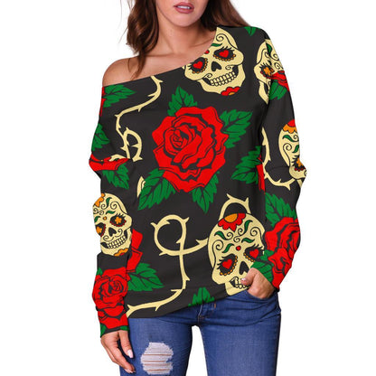 Rose Flower Sugar Skull Pattern Print Off Shoulder Sweatshirt GearFrost