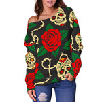 Rose Flower Sugar Skull Pattern Print Off Shoulder Sweatshirt GearFrost