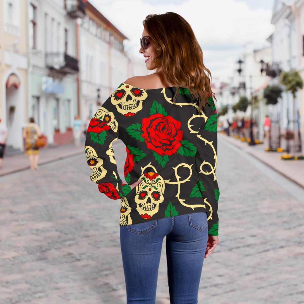 Rose Flower Sugar Skull Pattern Print Off Shoulder Sweatshirt GearFrost