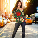 Rose Flower Sugar Skull Pattern Print Off Shoulder Sweatshirt GearFrost