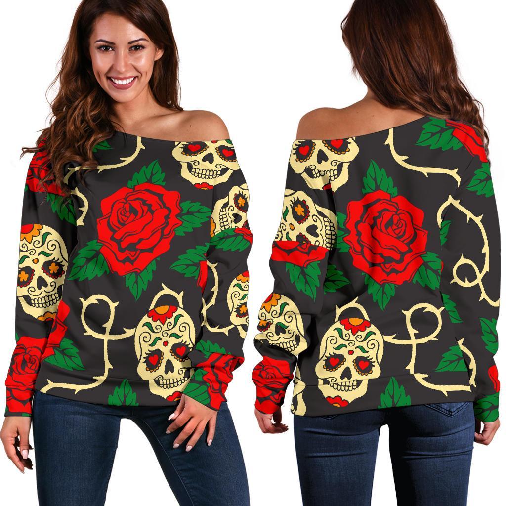 Rose Flower Sugar Skull Pattern Print Off Shoulder Sweatshirt GearFrost