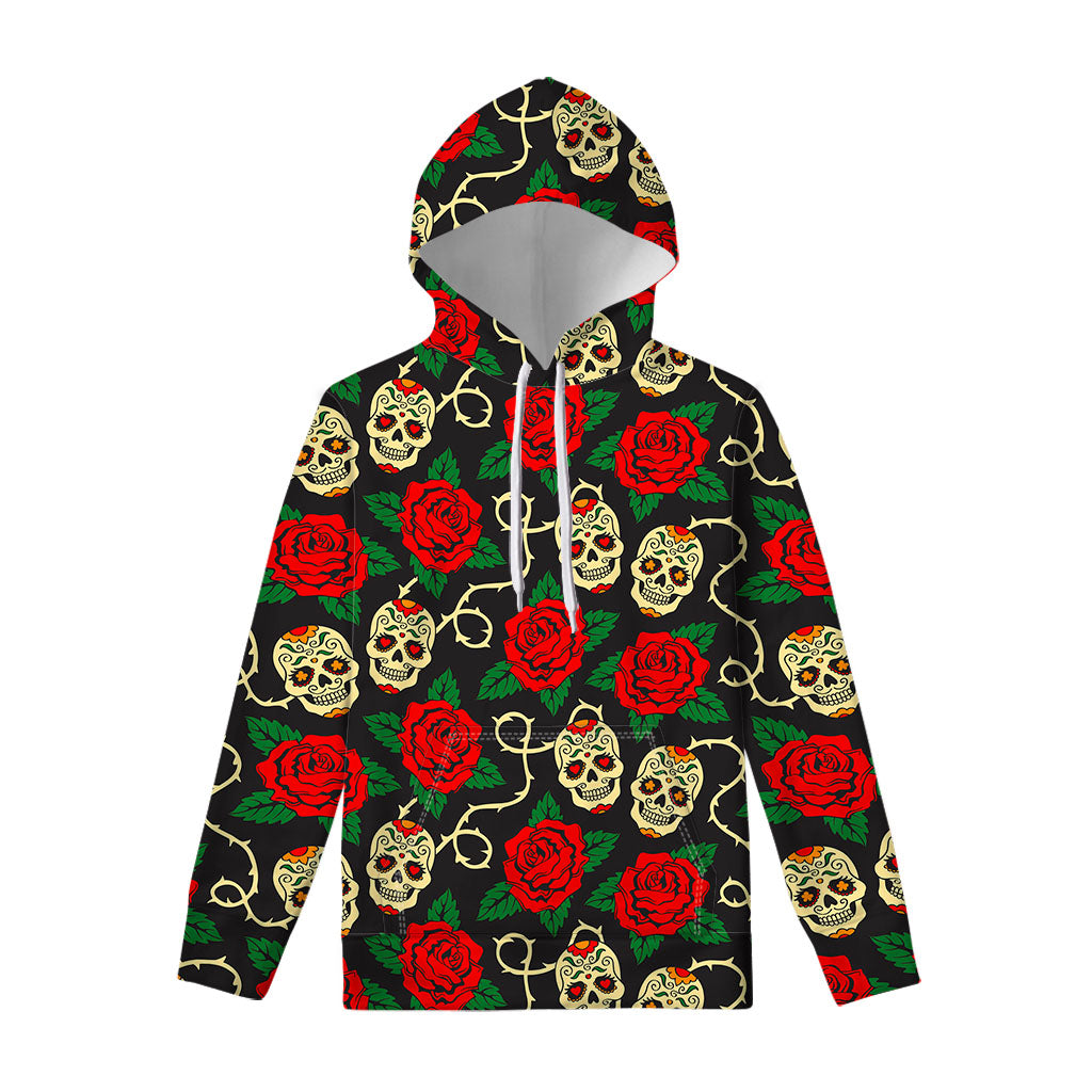 Rose Flower Sugar Skull Pattern Print Pullover Hoodie