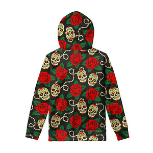 Rose Flower Sugar Skull Pattern Print Pullover Hoodie
