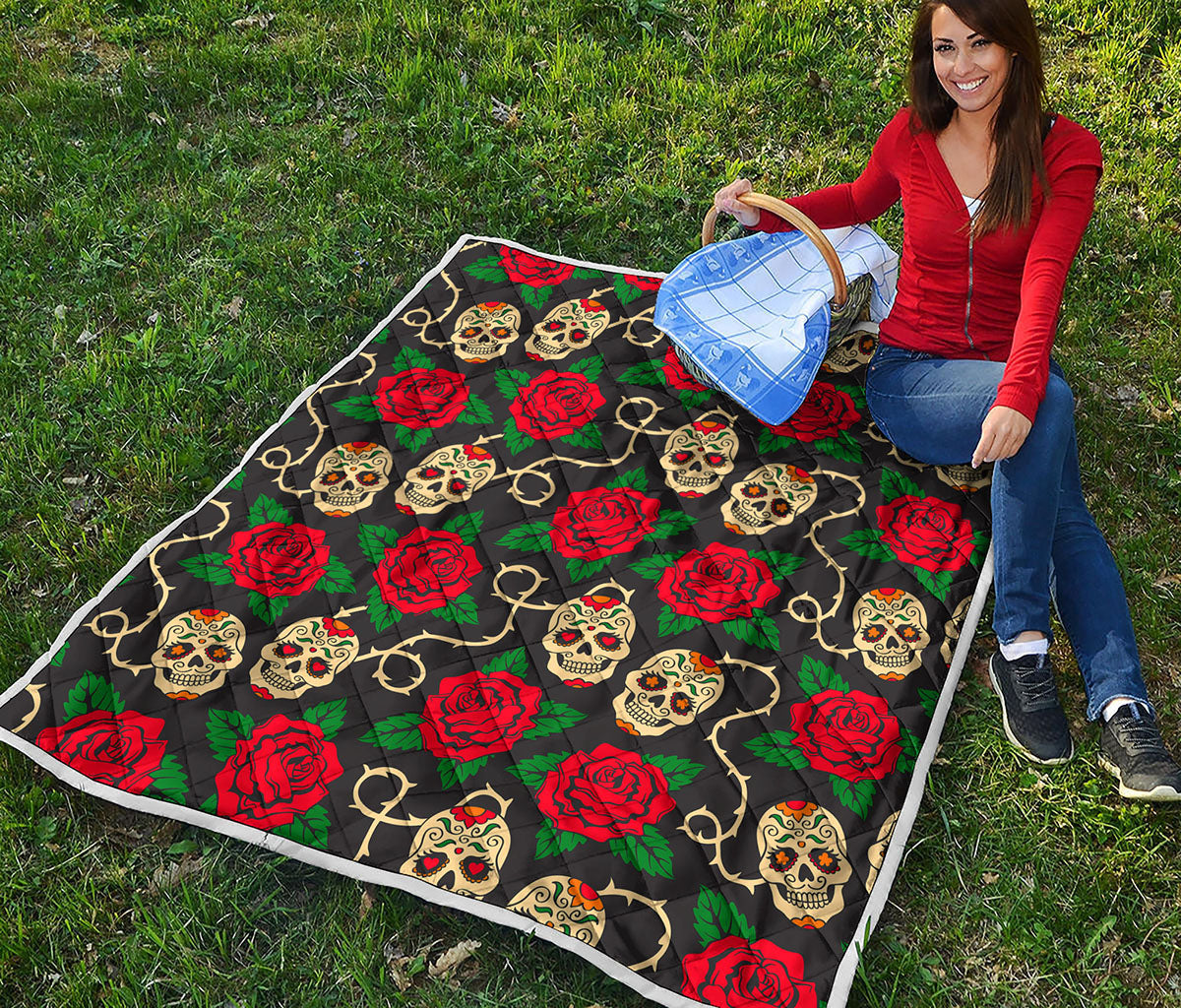 Rose Flower Sugar Skull Pattern Print Quilt