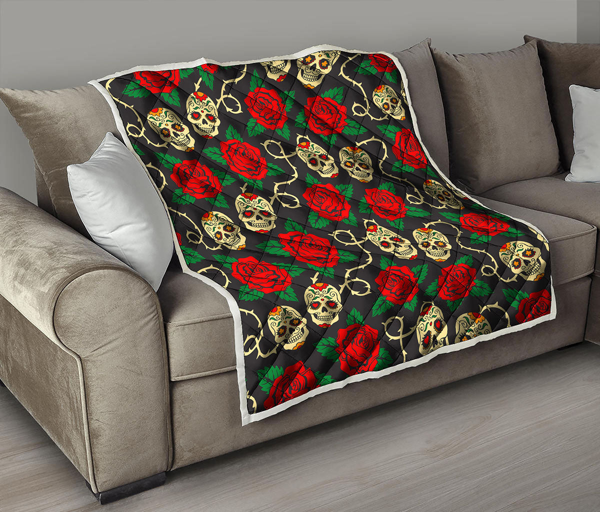 Rose Flower Sugar Skull Pattern Print Quilt