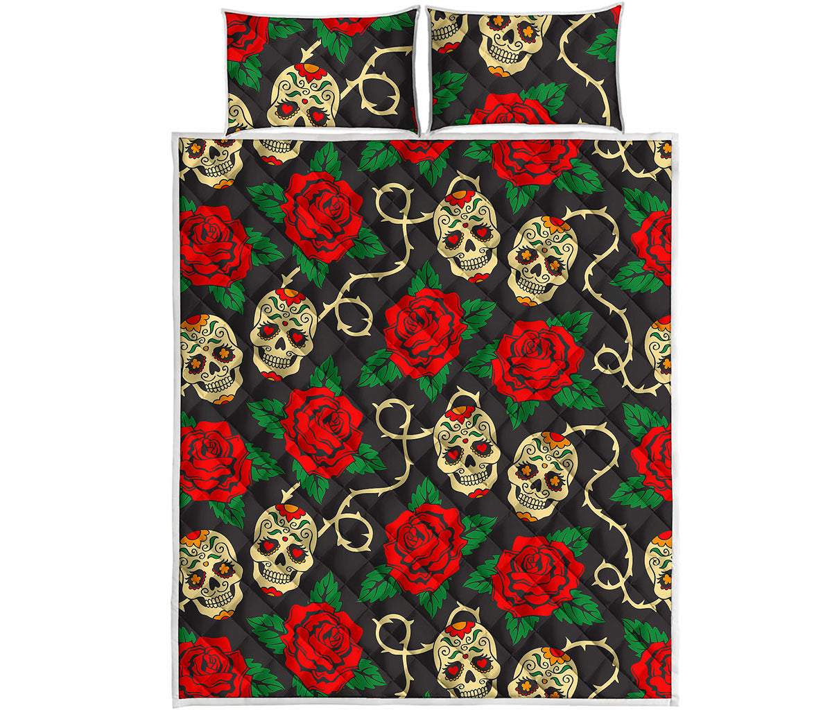Rose Flower Sugar Skull Pattern Print Quilt Bed Set