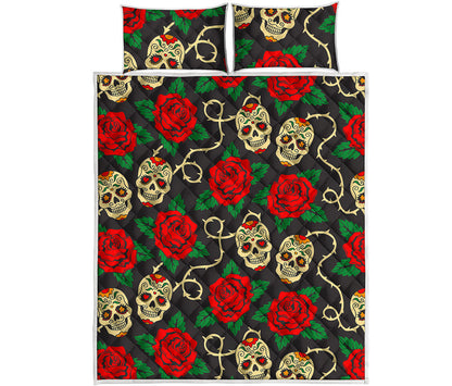Rose Flower Sugar Skull Pattern Print Quilt Bed Set