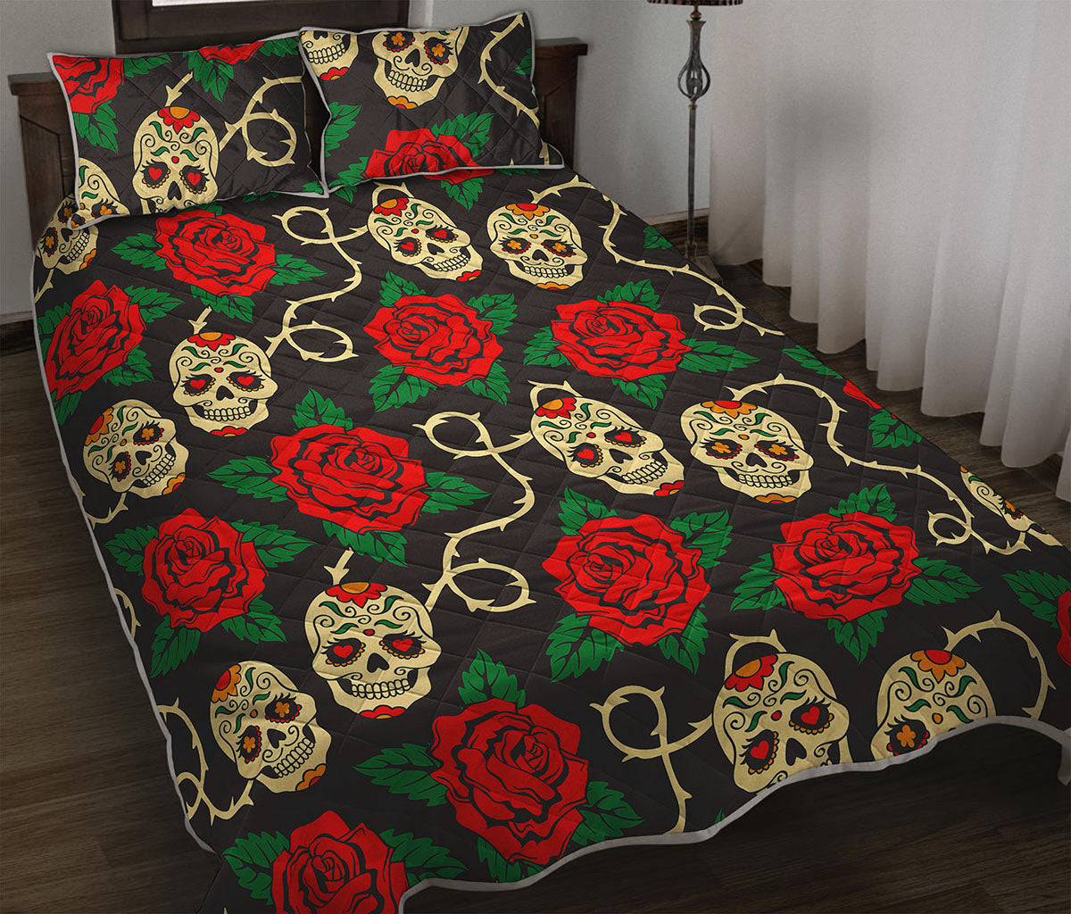 Rose Flower Sugar Skull Pattern Print Quilt Bed Set