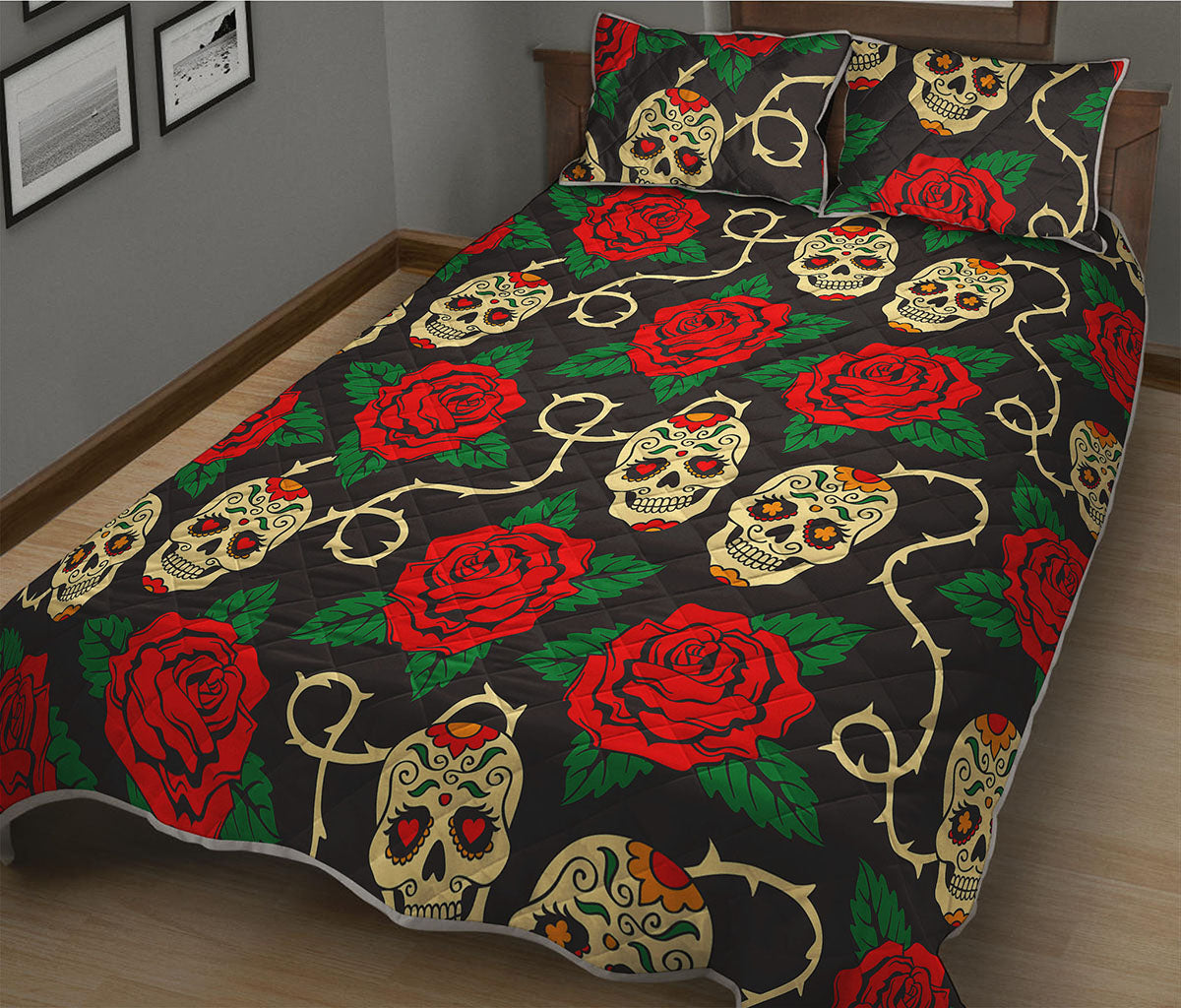 Rose Flower Sugar Skull Pattern Print Quilt Bed Set