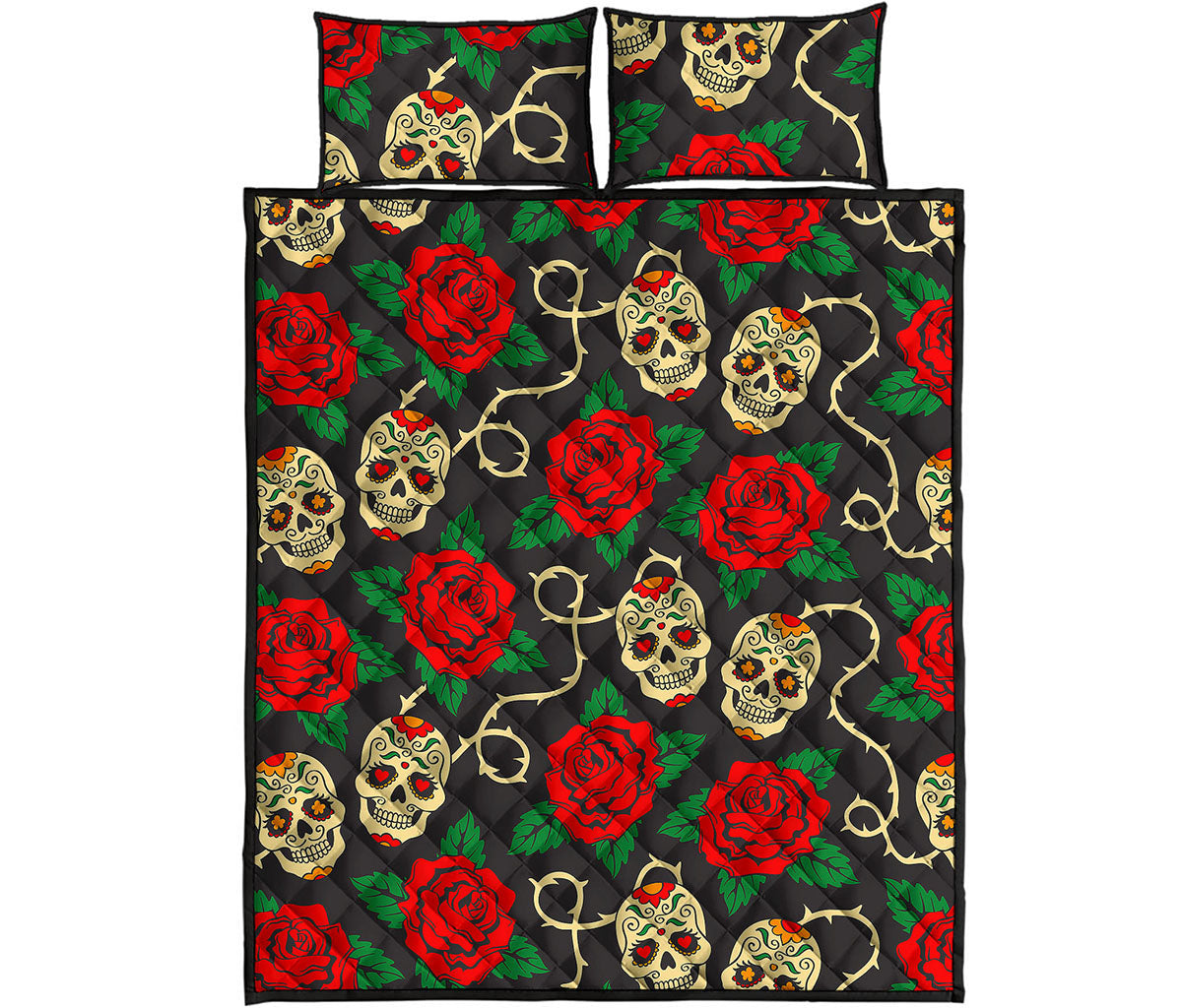 Rose Flower Sugar Skull Pattern Print Quilt Bed Set