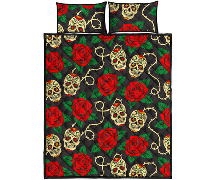 Rose Flower Sugar Skull Pattern Print Quilt Bed Set