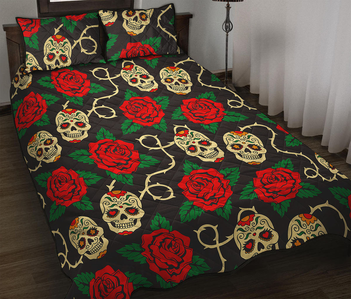 Rose Flower Sugar Skull Pattern Print Quilt Bed Set