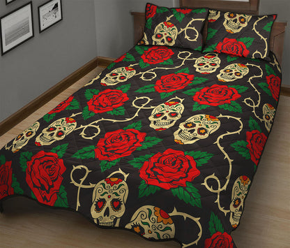 Rose Flower Sugar Skull Pattern Print Quilt Bed Set