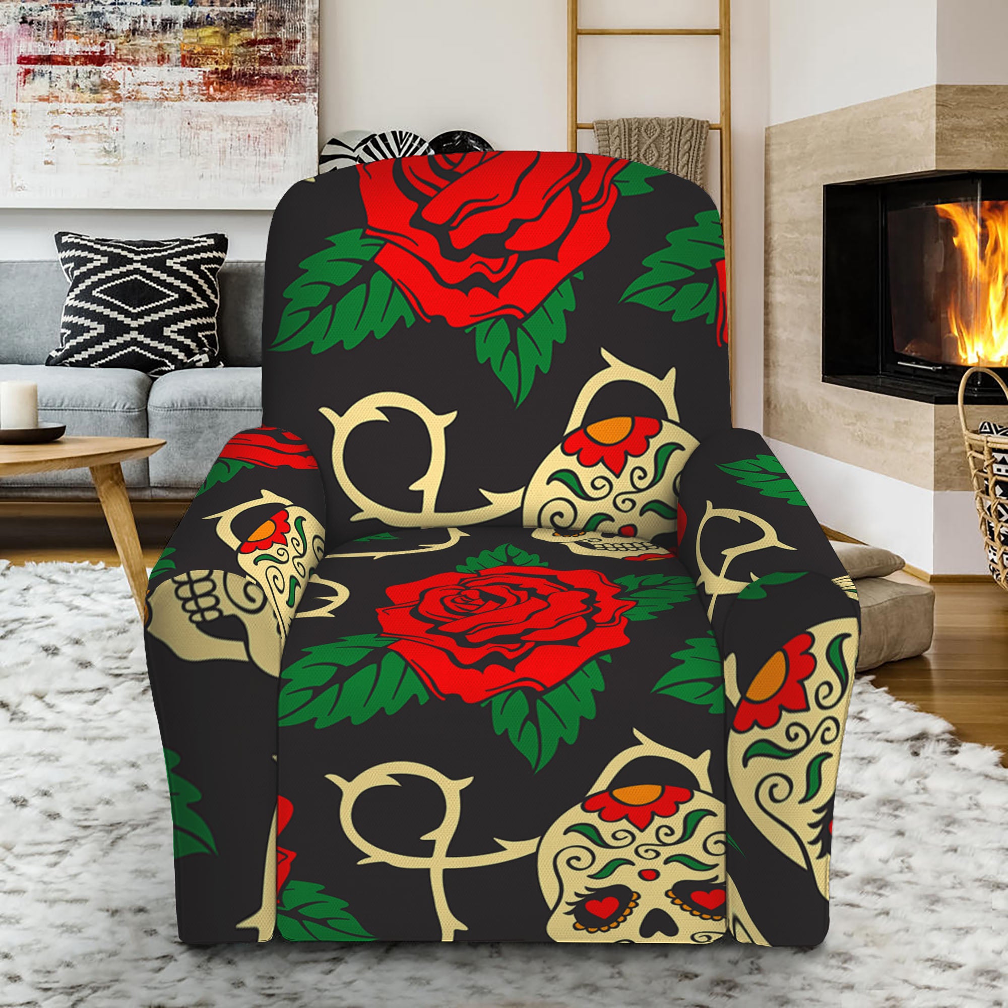 Rose Flower Sugar Skull Pattern Print Recliner Slipcover