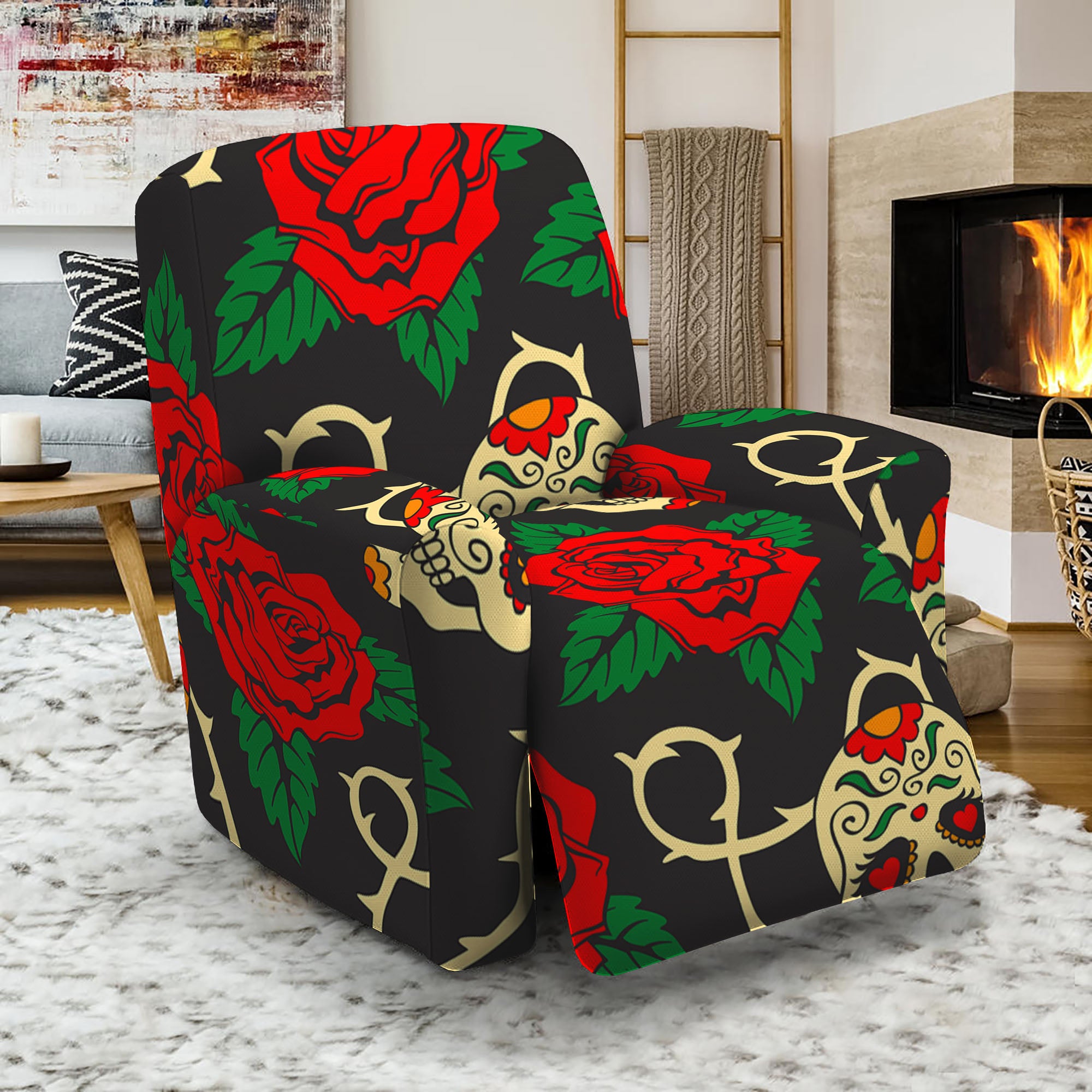 Rose Flower Sugar Skull Pattern Print Recliner Slipcover