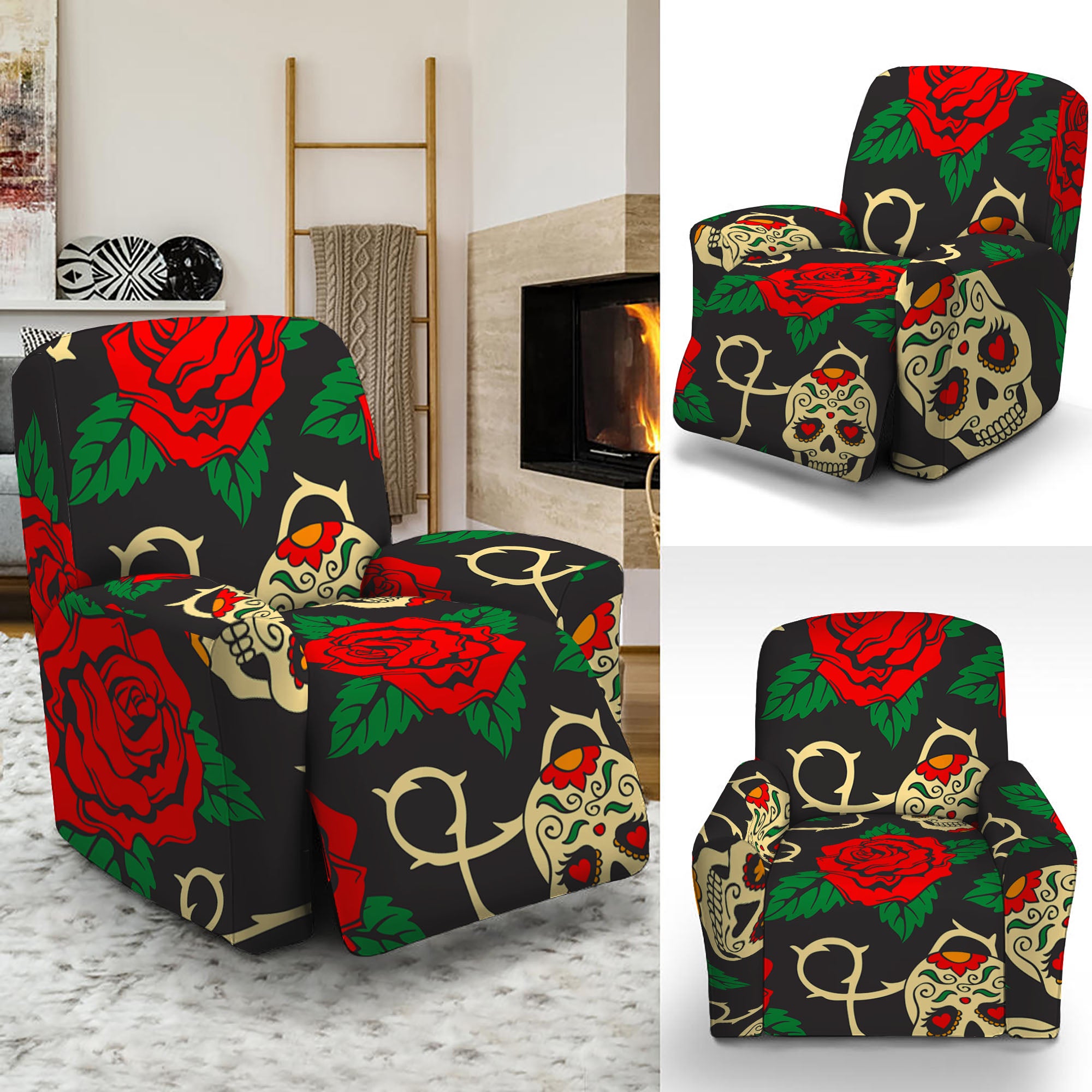 Rose Flower Sugar Skull Pattern Print Recliner Slipcover