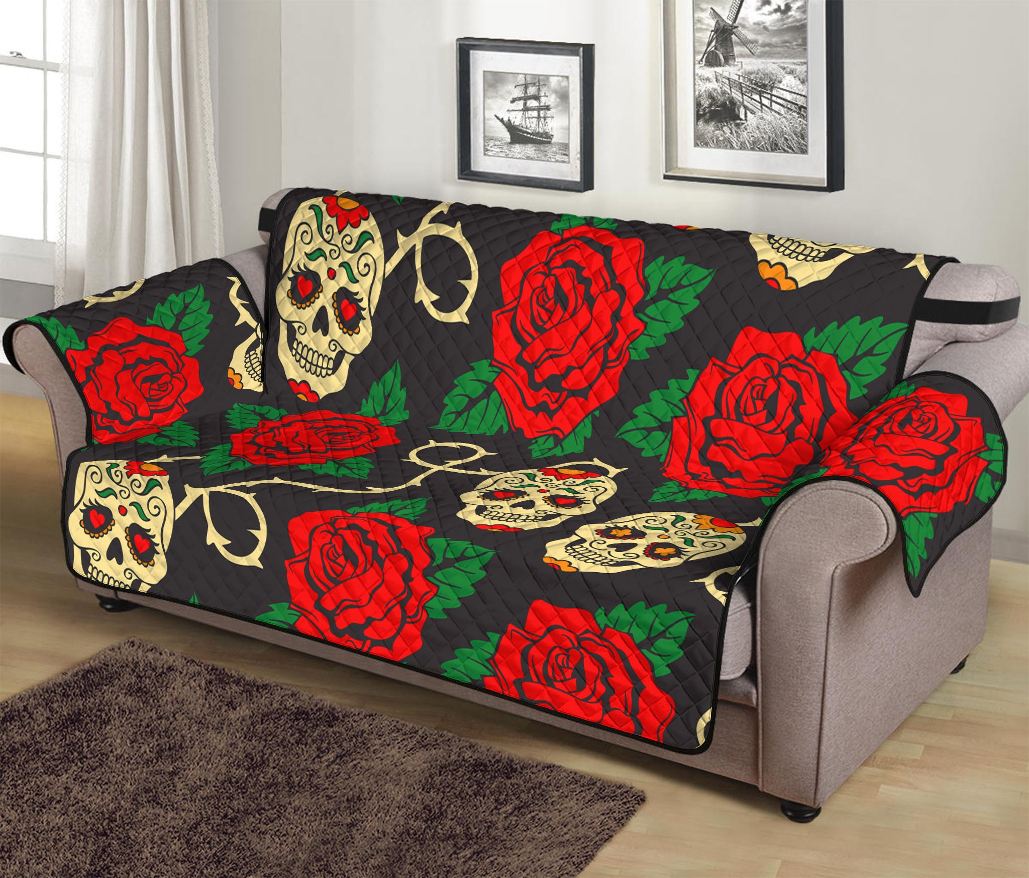 Rose Flower Sugar Skull Pattern Print Sofa Protector