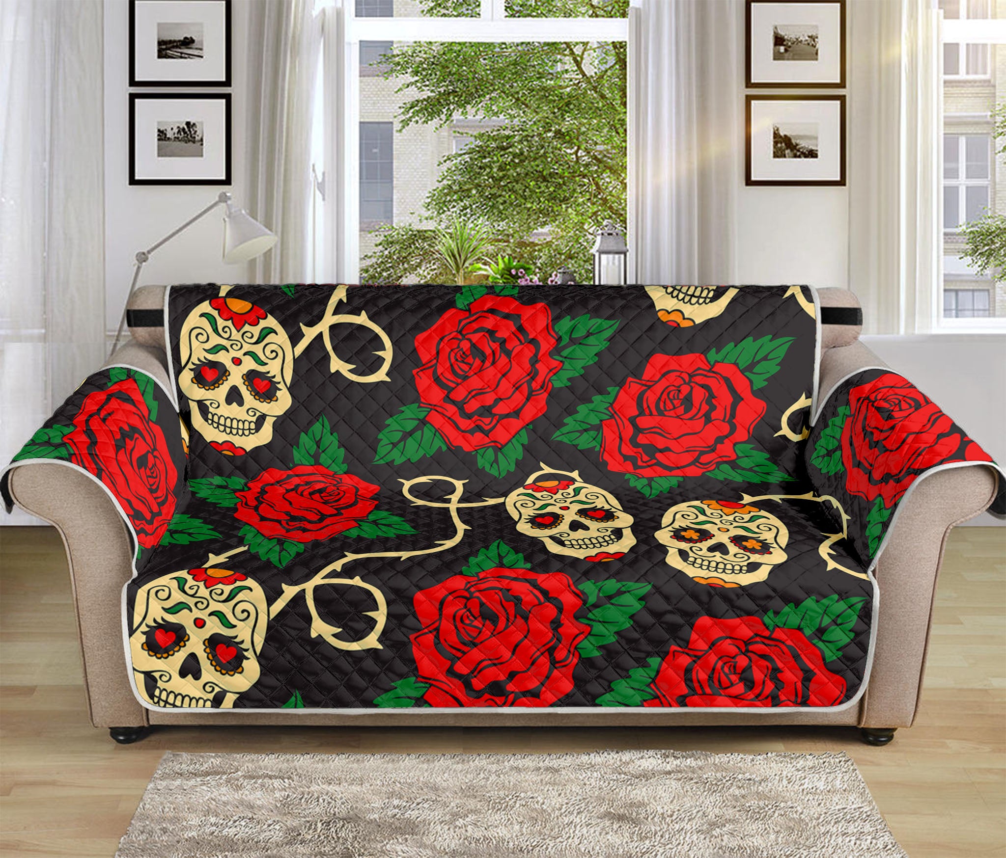 Rose Flower Sugar Skull Pattern Print Sofa Protector