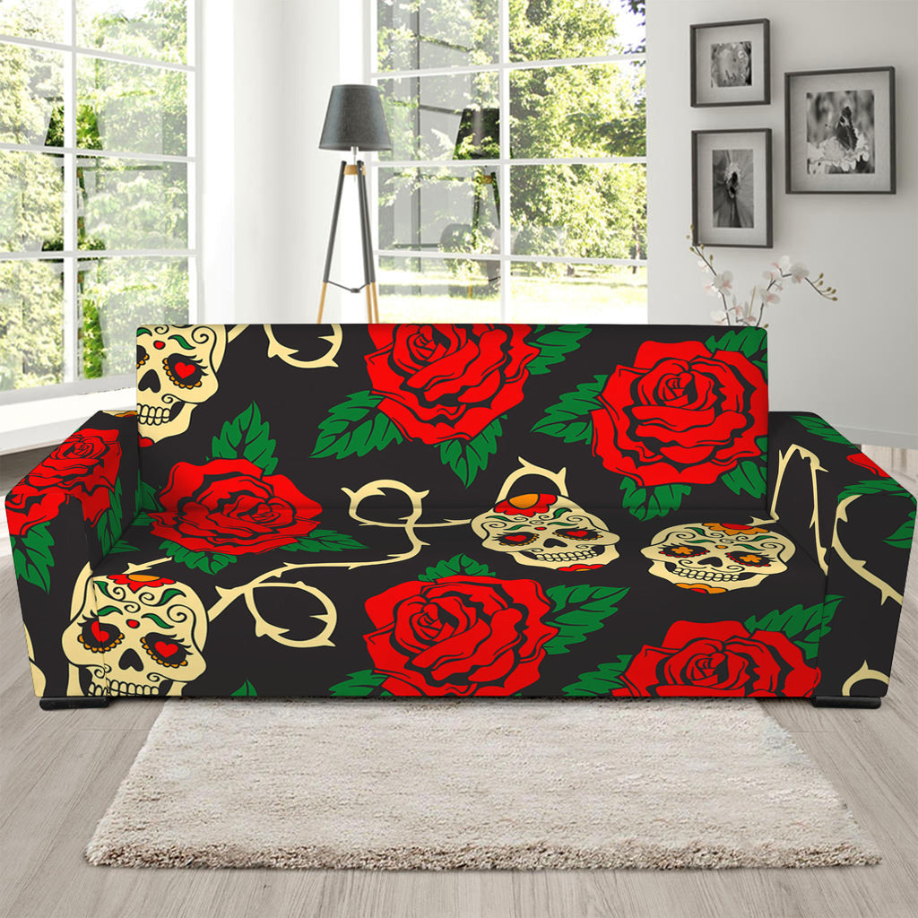 Rose Flower Sugar Skull Pattern Print Sofa Slipcover