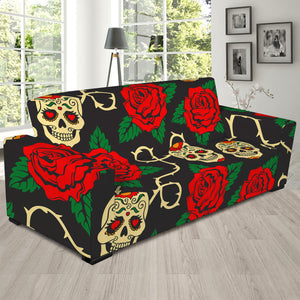 Rose Flower Sugar Skull Pattern Print Sofa Slipcover