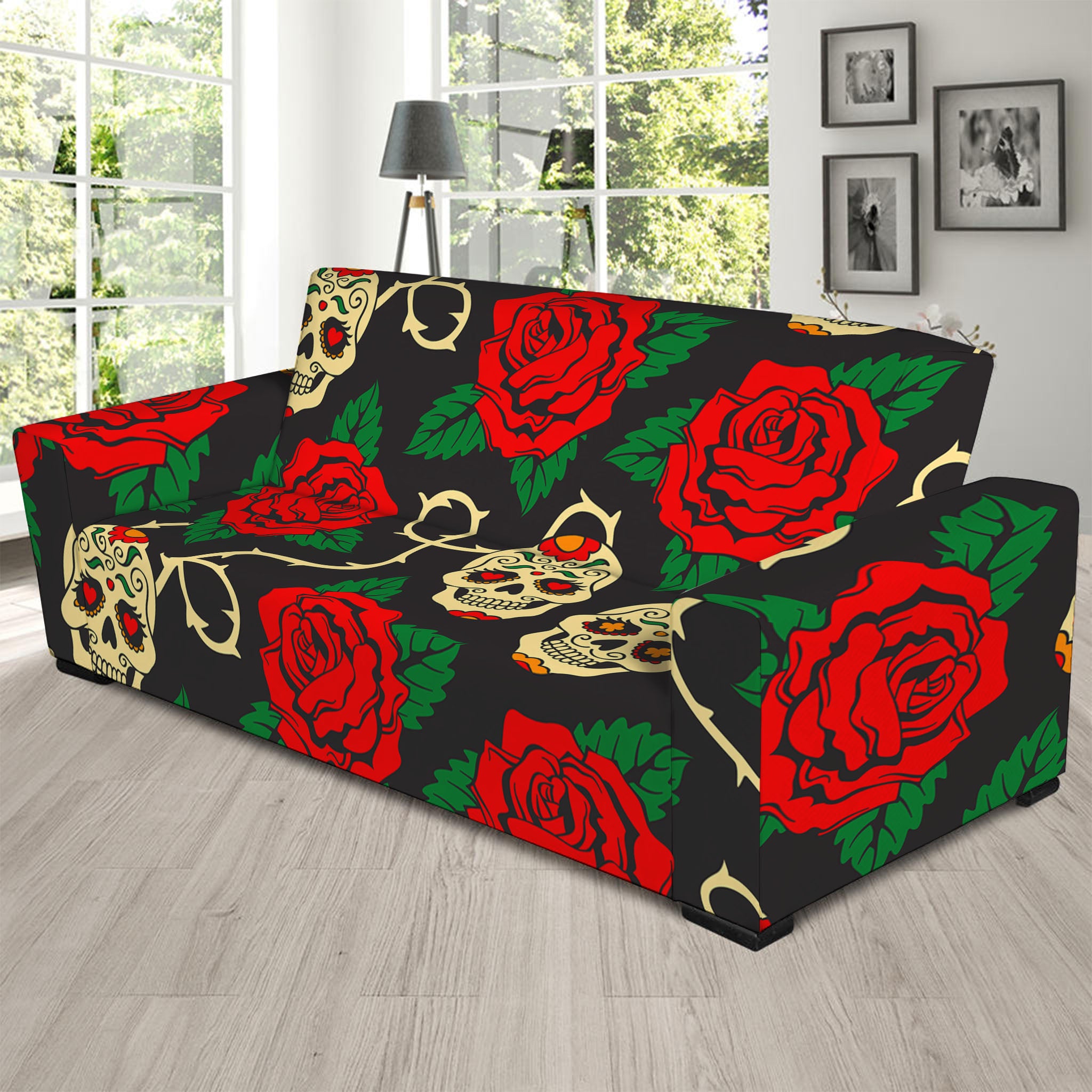 Rose Flower Sugar Skull Pattern Print Sofa Slipcover