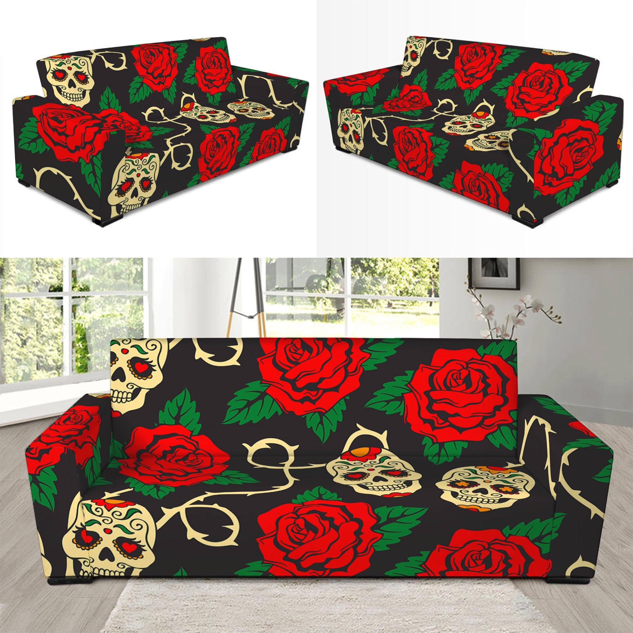 Rose Flower Sugar Skull Pattern Print Sofa Slipcover