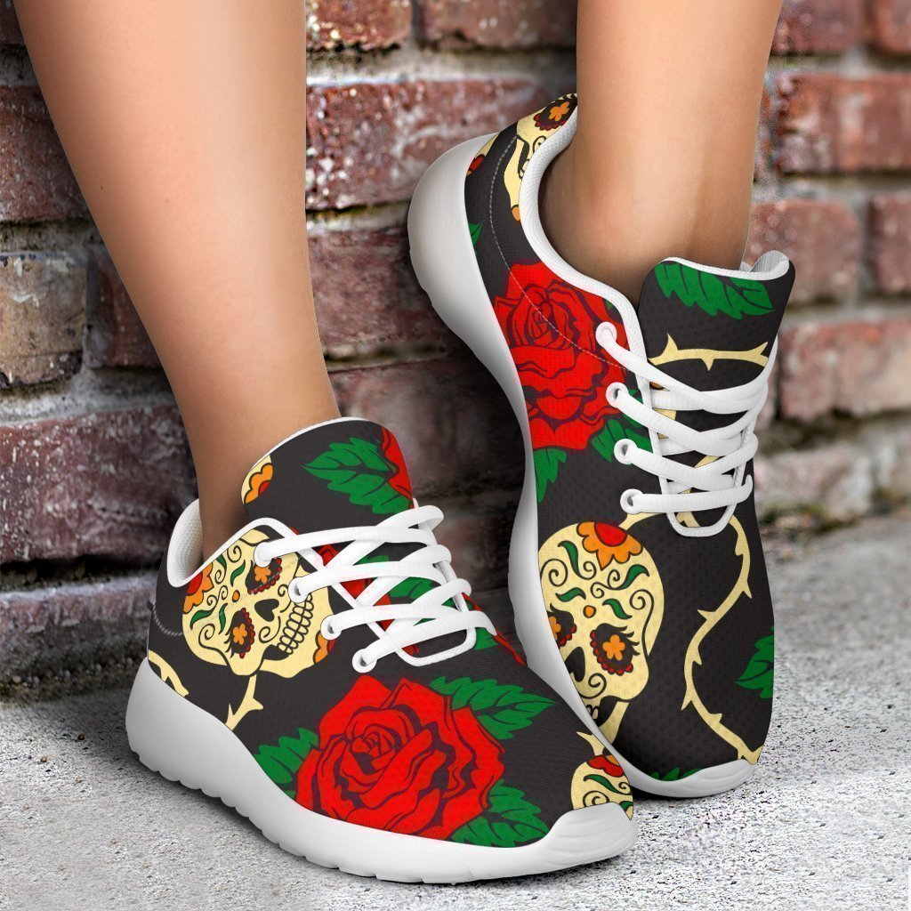 Rose Flower Sugar Skull Pattern Print Sport Shoes GearFrost