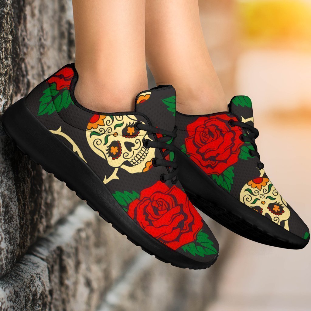 Rose Flower Sugar Skull Pattern Print Sport Shoes GearFrost