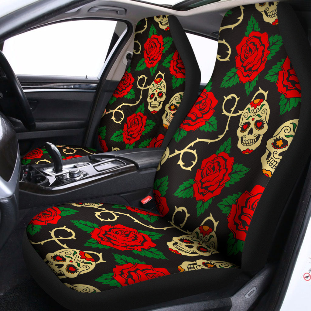 Rose Flower Sugar Skull Pattern Print Universal Fit Car Seat Covers