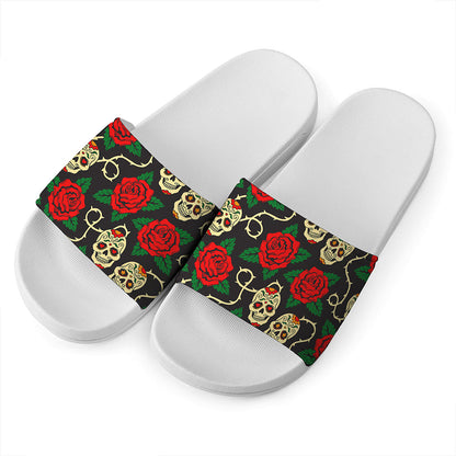 Rose Flower Sugar Skull Pattern Print White Slide Sandals