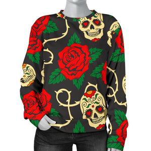 Rose Flower Sugar Skull Pattern Print Women's Crewneck Sweatshirt GearFrost