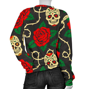 Rose Flower Sugar Skull Pattern Print Women's Crewneck Sweatshirt GearFrost