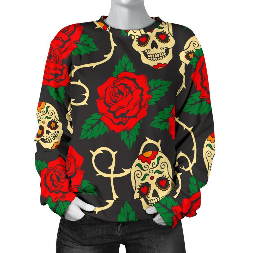 Rose Flower Sugar Skull Pattern Print Women's Crewneck Sweatshirt GearFrost