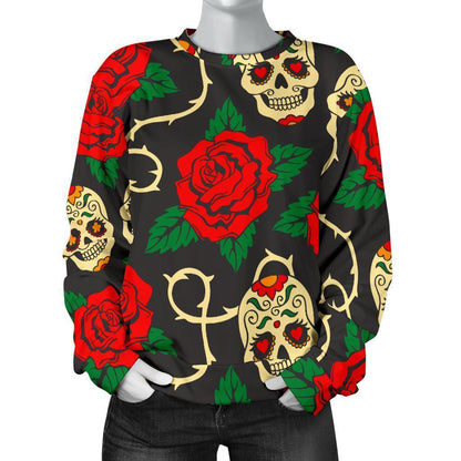 Rose Flower Sugar Skull Pattern Print Women's Crewneck Sweatshirt GearFrost