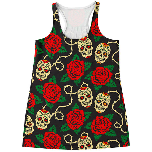 Rose Flower Sugar Skull Pattern Print Women's Racerback Tank Top