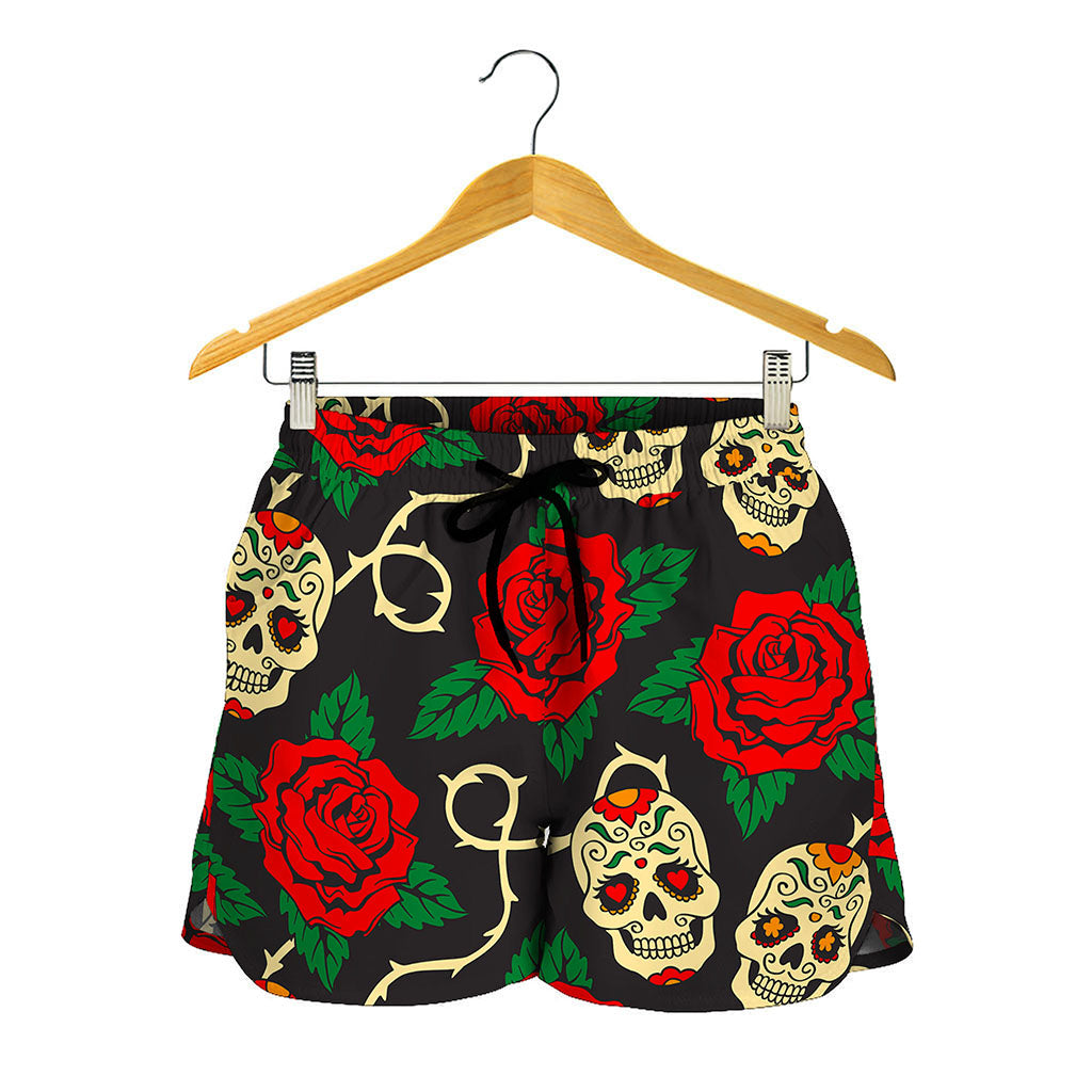 Rose Flower Sugar Skull Pattern Print Women's Shorts